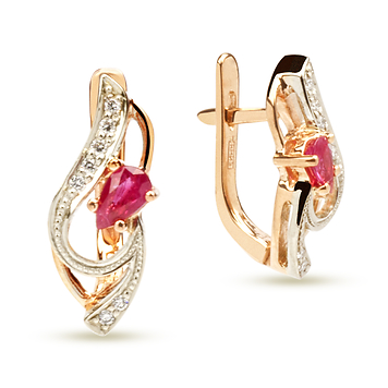 Золотые серьги с рубинами огранки груша и бриллиантами